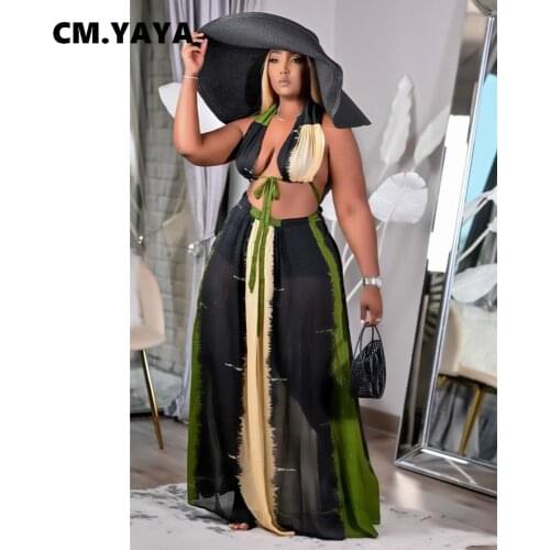 Plus Size Women Patchwork Maxi Skirts Set for Beach Halter Neck Crop Tops Matching Two 2 Piece Set Swimwear Outfits