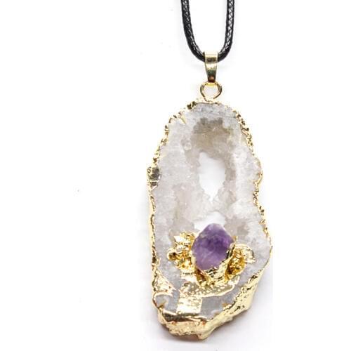 100-Unique Ethnic Style 1 Pcs Light Yellow Gold Color Irregular Shape Geode Rock Crystal With Amethysts Stone Pendant