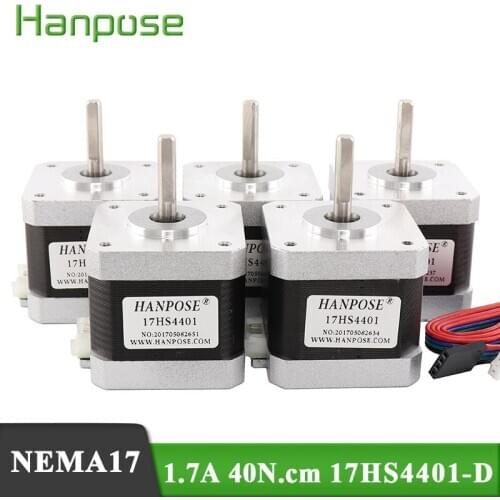 Free Shipping 5PCS Nema 17 motor 42BYGH 1.7A 40N.cm motor 4-lead 12V Stepper Motor 17HS4401-D for CNC 3D Printer