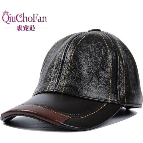 Adult Baseball Cap Male Winter Outdoor Hat Male 100% Genuine Leather Peaked Cap Mens Winter Warm Adjustable Baseball Cap