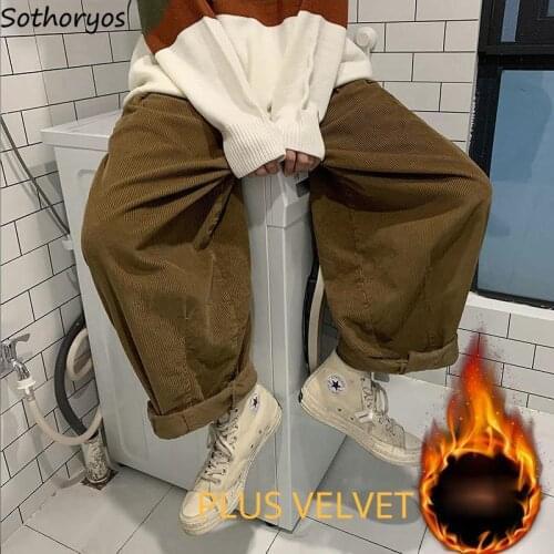 Pants Women Corduroy Plus Velvet Chic Solid Wide Leg Trousers All-match High Waist Comfortable Leisure Vintage Style Streetwear