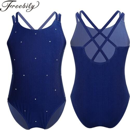Kids Spaghetti Straps Shiny Rhinestones Ballet Leotard for Girls Gymnastics Sports Workout Unitards Figure Skating Dance Costume