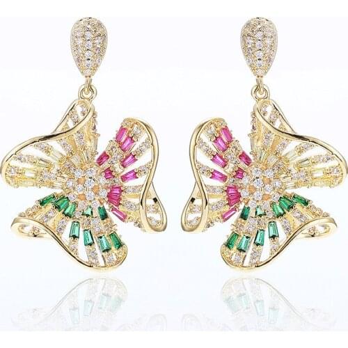 EYER 1Pair White Fresh Water Drop Flower Colorful Dangle Big Earrings Paved Cubic Zzircon Crystal Beads Fashion Woman Jewelry