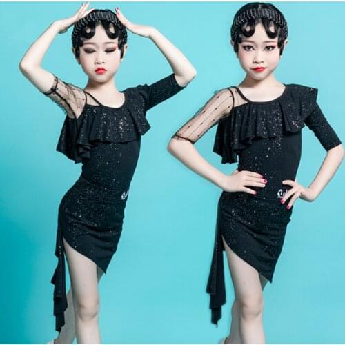 Summer Girls Latin Dance Competition Outfits Ruffle Neck Cha Cha Tango Performance Costumes Stitching Sleeve Stage Wear YS1274