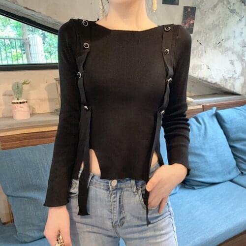 LJSXLS Women Slim Top Femme Spring Autumn Knitted Pullovers Sweater Womens Lace Up Button Long Sleeve O-Neck Sweaters Female