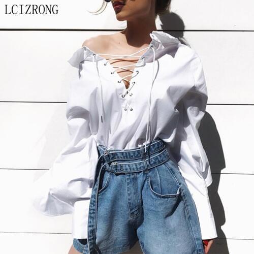 Fashion Oversized Bandage Blouse Women Sexy Hollow Long Butterfly Sleeve White Shirt Autumn Cotton Loose Blusas Mujer De Moda