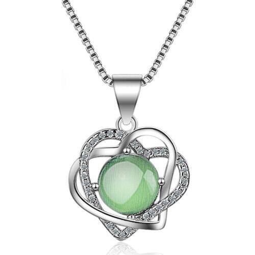 Fashion 925 Silver Statement Jewelry Women Heart Necklace with Cubic Zirconia Green Cat Eye Stone Pendants Necklaces Mujer