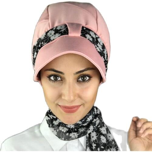 Islamic Fashion Muslim Women Hijab 2021 Trend Single Size Bathing Cap Beret Ready Shawl Scarf Buckle Hat Powder Color Scarf Hat