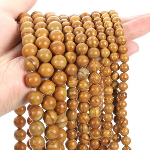 Natural Stone Yellow Wooden Veins Round Loose Spacer Beads For Jewelry Making Bracelets Necklace DIY Accessories 4/6/8/10/12MM