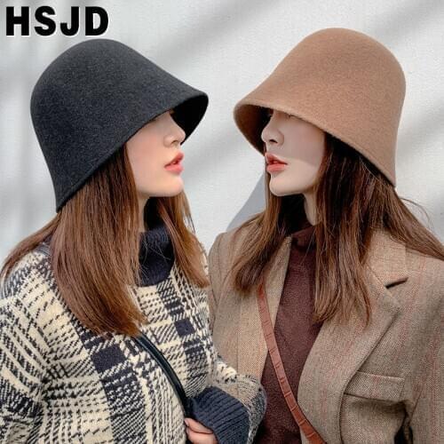 Autumn Winter Imitation Woolen Vintage Bucket Hat Winter Womens Hats Bowler Hats Solid Color Dome Female Casual Fishermans Hat