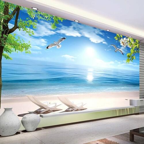 Custom 3D Photo Wallpaper Blue Beach Nature Landscape Large Mural Restaurant Living Room Waterproof Canvas Wallpaper Painting