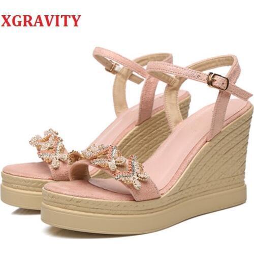 XGRAVITY 2019 New Fashion Butterfly Design Woman Wedge Sandals Elegant Female Summer High Heel Platform Pumps Open Toe Shoes 295
