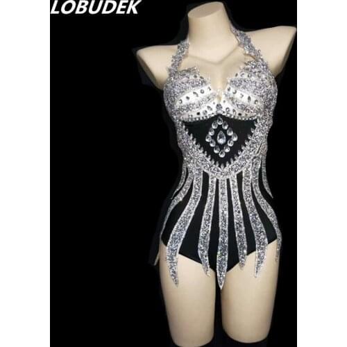 Bar Nightclub Stage Wear Sexy Silver Rhinestones Halter Bodysuit Female Singer Dancer Team DJ Party Show DS Performance Costume