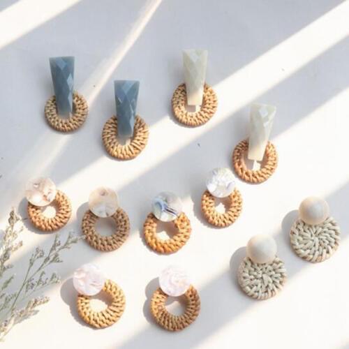 Fashion Bohemian Style Round Straw Woven Dangle Earrings For Women Geometric Exaggerate Round Pendant Statement Jewelry2019