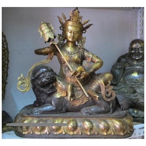 Xd 001844 20"Tibet old bronze gilded gilt Vaishravana Lion Zambala King of Wealth Statue