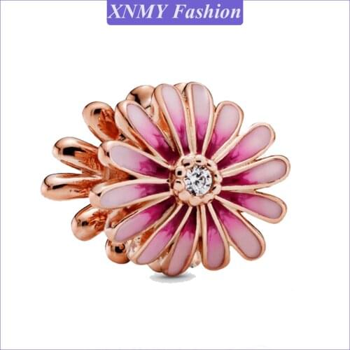 XNMY New Trendy Rose Gold Color Beads Pink Daisy Flower Charms Fit Original Pandora Bracelets Women DIY Jewelry