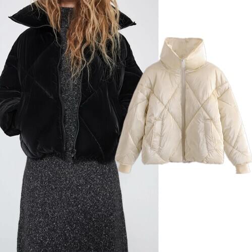 Za 2021 Fashion Women Glossy Thick Casual Jackets Beige Black Oversized Pleated Coats Mujer Vintage Loose Parkas