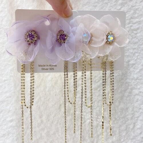 2021 Elegant Yarn Flower Crystal Drop Earrings Long And Short For Women Girls Trendy Rhinestone Long Tassel Party Jewelry