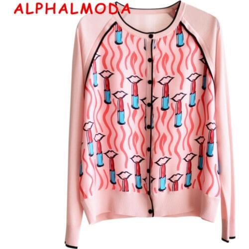 ALPHALMODA 2018 Fashion Printed Loose Knitted Cardigans Long Sleeved Lip Sticks Printed Women Casual Autumn Fall Sweater