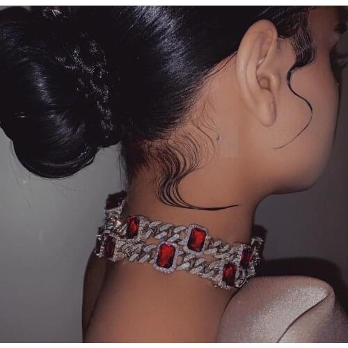 Iced Out Cuban Chian rainbow CZ Punk Choker Necklace women HipHop Jewelry with big square colorful cz paved choker jewelry