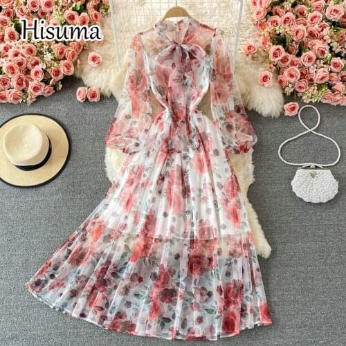 2021 autumn new womens o-neck lace-up bow lantern sleeve flower print chiffon party dress female Chic elegant A-line dresses