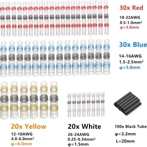 200Pcs Heat Shrink Sordering Terminals Waterproof Solder Sleeve Tube Electrical Wire Insulated Fast Butt Connectors Assorted Kit