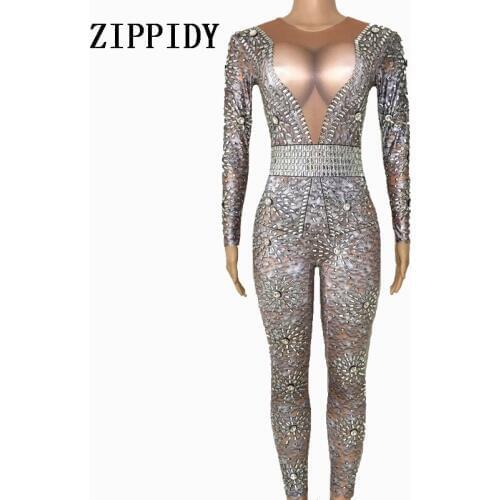 Sparkly Glass Crystals Jumpsuit Womens sexy Gray Leggings Bodysuit Costume Dance Stage Wear Female Singer Big Stretch Outfit