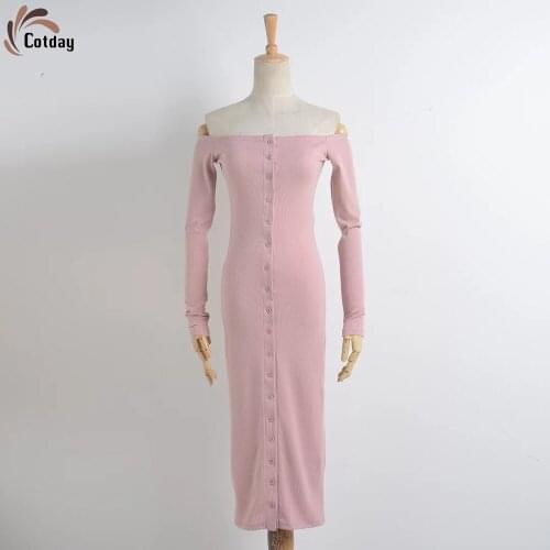 Cotday Knitted Long Single Breasted Hepburn Dress Womens Autumn And Winter Pink Vintage New Slim One Line Collar Buttocks Dress