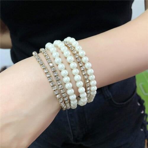 6pcs/set Fashion Gold Color Pearl Beaded & Crustal Bracelets Set for Women Wedding Charm Party Elastic Bracelet Jewelry Gift