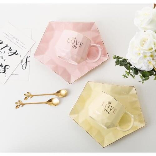 Creative Irregular Ceramic Coffee Mug With Plate Spoon Handmade Love Pottery Tea Cup Travel Kitchen Tableware Nordic Home Decor