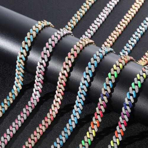 New 12MM Color Cuban Necklace Hip Hop Colorful Cuban Chain Rainbow Zircon Trend Men and Women Hip Hop Accessories