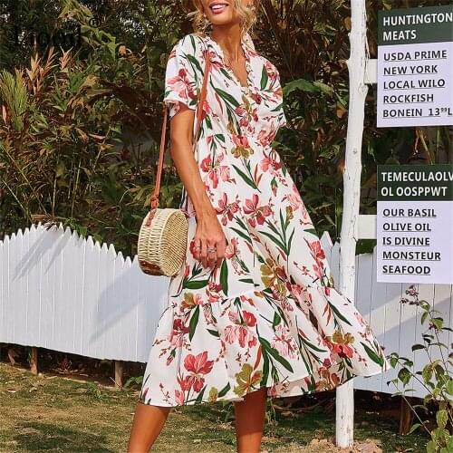 Liooil Floral Print Vacation Midi Dress V Neck Short Sleeve Long A Line Dresses For Women Elegant Casual Summer 2021 Sundress