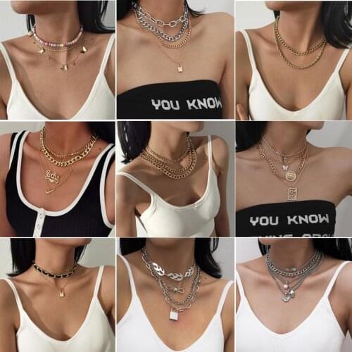 Fashion Multilayer Gold Silver Color Metal Chain Necklace Hip Hop Punk Geometric Pendant Necklaces for Women Men