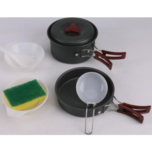 1-2 persons camping set pots tableware outdoor cookware picnic set Non-stick Pots Pans Bowls hiking utensils