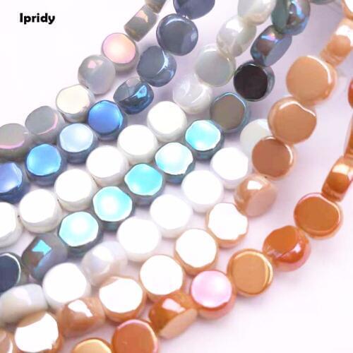 1strand/lot Outer Diameter:8mm,Thick:4mm Flat Round Glass Beads with Jade white Plating Rainbow color,fit Diy Jewelry Making