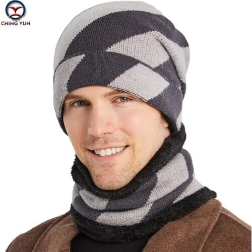 Winter New Mens Knitted Hat plus velvet warm mens outdoor Hats Fashion Stripe Thick Dual use of knitted wool Man hat and neck