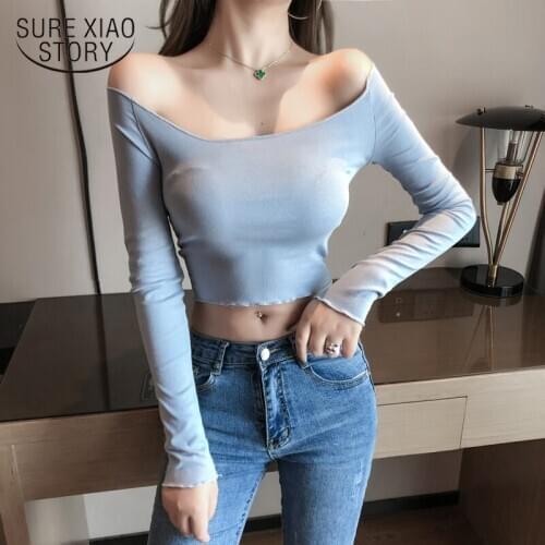 Autumn sexy short slim long sleeve sexy slash neck bottom shirt womens T-shirts pink blue black t-shirts camisas mujer 12336