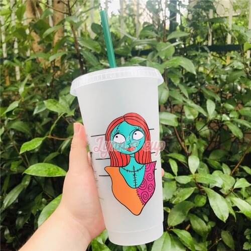 Jack And Sally Halloween Castle Personalized Venti Reusable Cold Cups With Lid And Straw Custom Cup Customized Name