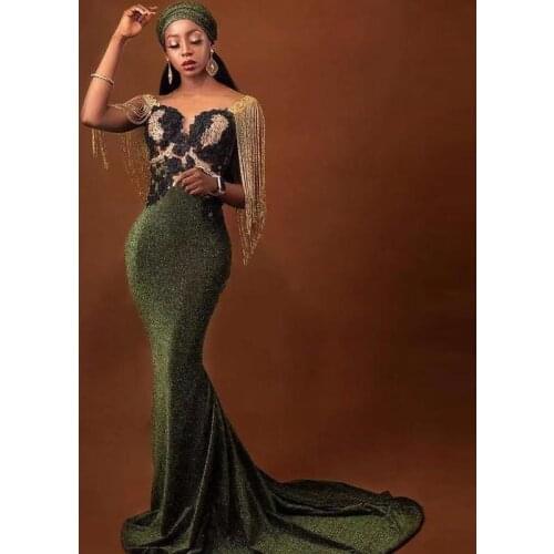 Sequined Aso Ebi Mermaid Prom Dresses With Tassels Appliques African Evening Dress Long Custom made Party Vestidos
