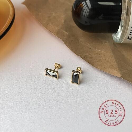 925A Sterling Silver Nordic Black Rectangle Irregular Crystal Stud Earrings Women Classic Vintage Party Jewelry