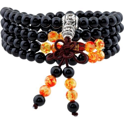 SUNYIK Black Onyx 108 Tibetan Buddhist Mala Bracelet/Necklace Prayer Bead 6mm
