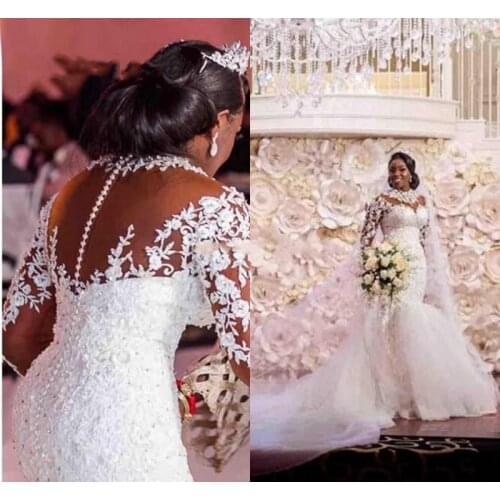 Vintage African Lace Mermaid Wedding Dresses Crystals Beaded Appliques Long Sleeve Formal Bridal Gowns Buttons Sheer Back Long