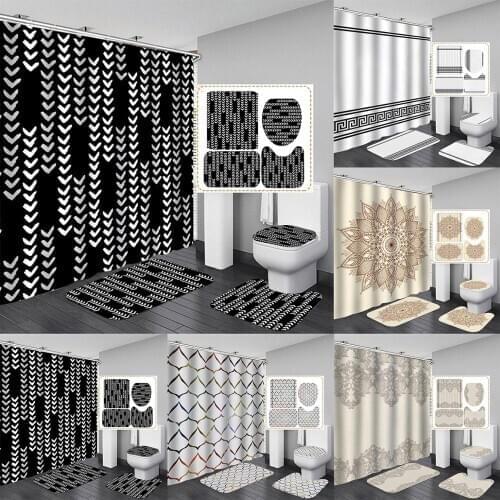 Waterproof Cloth White Arrow Bathroom Black Shower Curtain 4 Piece Set Carpet Cover Bath Mat Pad Toilet Cover For Home Decor