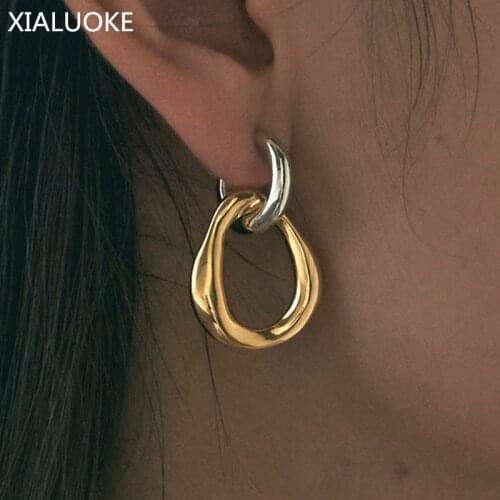 XIALUOKE S925 Needle Vintage Metal Irregular Double-color Stud Earrings For Women Can Be Separated By Wearing Earrings Jewelry