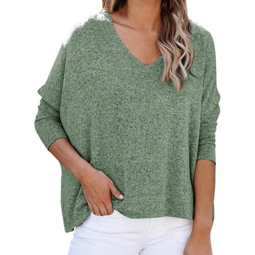Women Fall Winter Pullover Blouse V Neck Solid Color Long Sleeve Ladies Loose Casual Cotton Blend Top