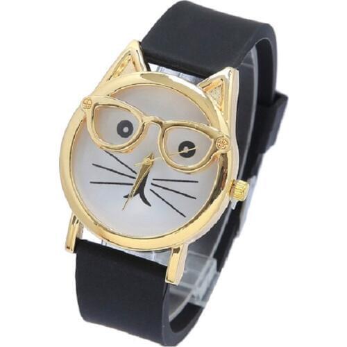 Gnova Platinum Big Smiling kitty with Glasses Women Watch Silicone CAT Golden Ears Woman Retro Vintage Ladies wristwatch