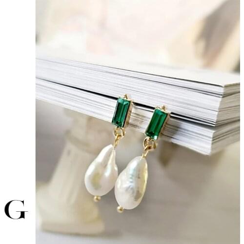 GHIDBK Baroque Flatten Freshwater Pearl Stud Earrings Women Dainty Square Green Crystal Earring Studs Handmade Delicate Earring