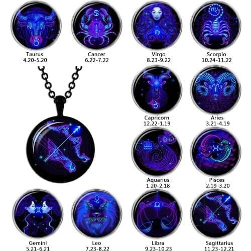 Hot Sale Fashion 12 Zodiac Sign Glass Cabochon Pendant Necklace Constellation Horoscope Astrology Statement Necklace for Women