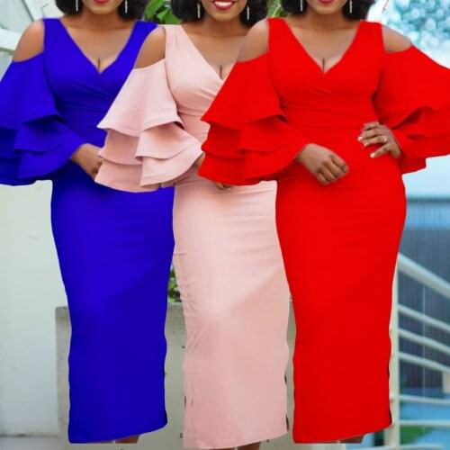 2021 Summer Fashion New African Ladies Dress Short Sleeve Strapless Pure Color V-neck Professional Office African Dress