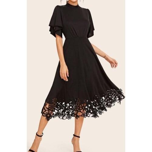 O-Neck Women Dress Summer Black High Waist Short Sleeve Dresses Slim Mid Big Swing Lace Ladies Party Eveing Dress